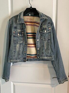 Y2K Distressed Denim Blue Jean Jacket Wool Lined Western Boho Crop Size Large